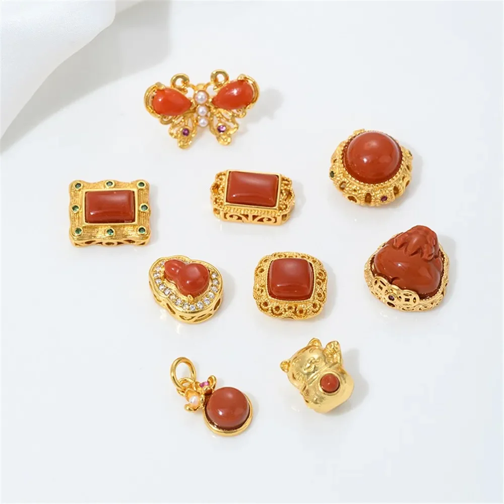 مطلي 24K الذهب الحقيقي مطعمة مع Nanhong محظوظ القط القرع Pixiu فراشة حلقة سطح مسامية حبة التقسيم مجوهرات اكسسوارات #1