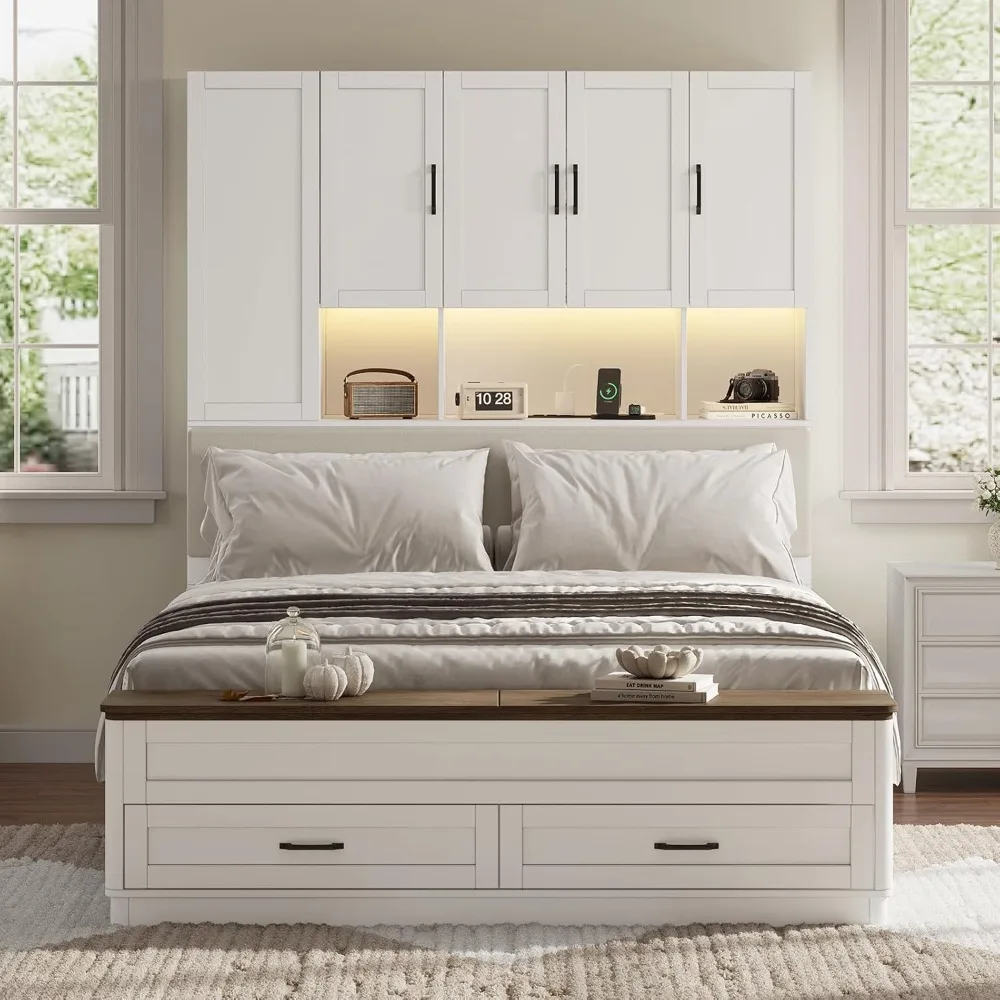Queen Bed Frame Storage with Bookshelf, 4-in-1 Bed with Storage Cabinet & Nightstand, LED Headboard with Charging, Custom