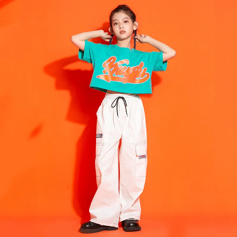 Kid Hip Hop Clothing Blue Graphic Tee Crop Top T Shirt Streetwear Wide Leg Cargo Pants for Girl Boy Jazz Dance Costume Clothes