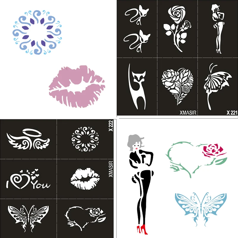 

12pcs/2sheets Air Brush Glitter Tattoo Stencil Angel Heart Flower Butterfly Cute Templates,Woman Female Airbrush Tattoo Stencils