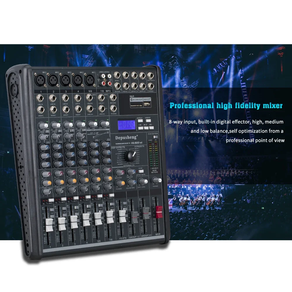 Depusheng EG822SD mixer audio Digital, mixer audio Digital DJ 8 saluran multifungsi 48V Phantonpower Supply