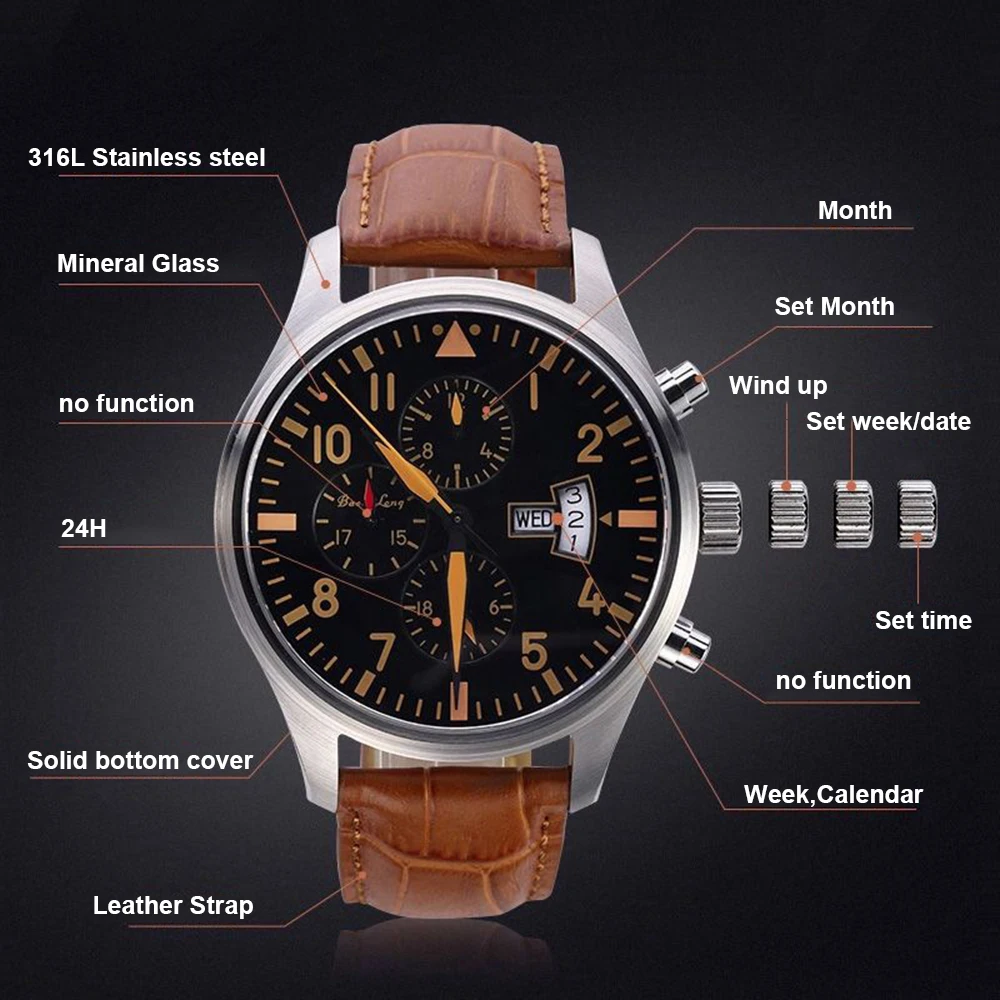 46mm Pilot Watch Men Automatic Self-Wind Mechanical Wristwatches Vintage Military Watches Retro Air Force Clocks BAOLILONG 2023