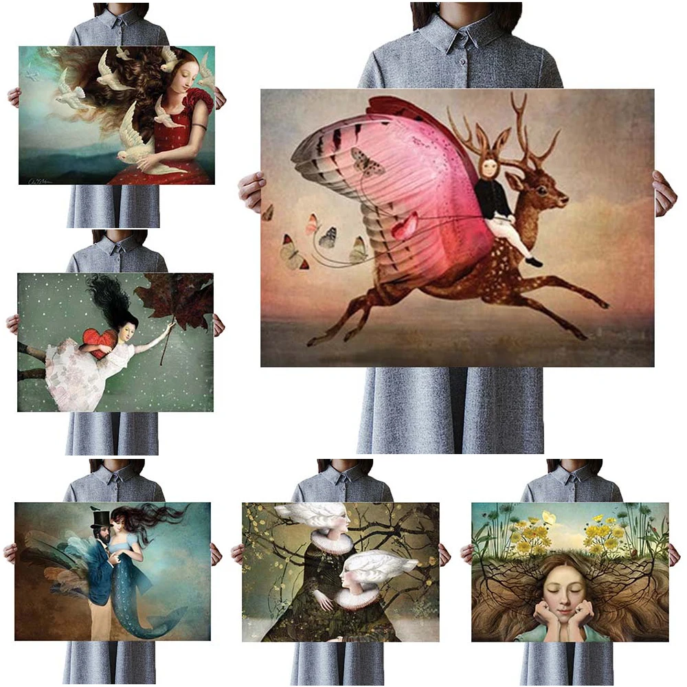 

Surrealism Butterfly Girl Elk Cartoon Posters Prints Wall Art Canvas Painting Home Decor Wall Pictures For Living Room Unframed