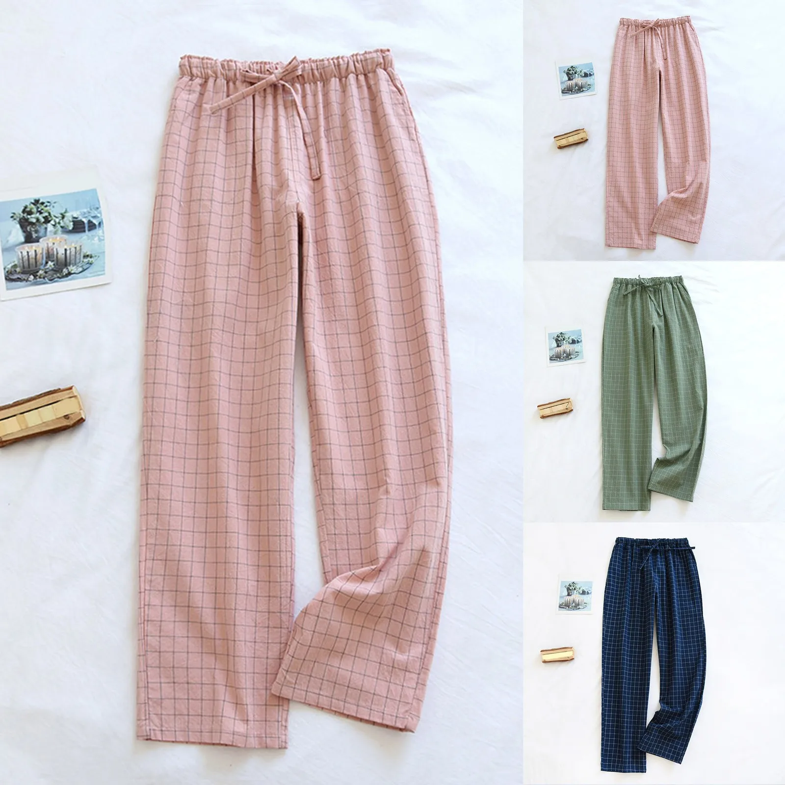 Pantalones de pijama de gasa de algodón para Mujer, ropa de estar por casa para parejas, pantalones sueltos estampados para dormir, pantalones para Hombre y Mujer