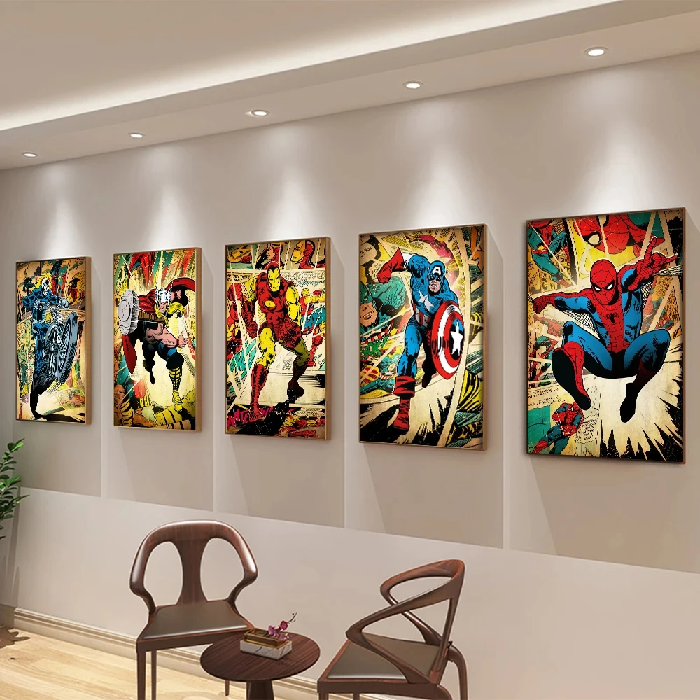 MINISO Marvel Movie Avengers Vintage Wall Art Posters SpiderMan Iron Man Hulk Thor Home Room Decor Canvas Painting Print Picture