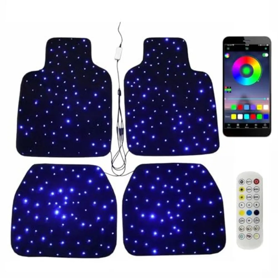 

Светодиодные коврики для автомобиля Starlight, 4 шт., с эффектом звездного неба, управление через приложение, моющиеся, оптоволоконные, универсальные