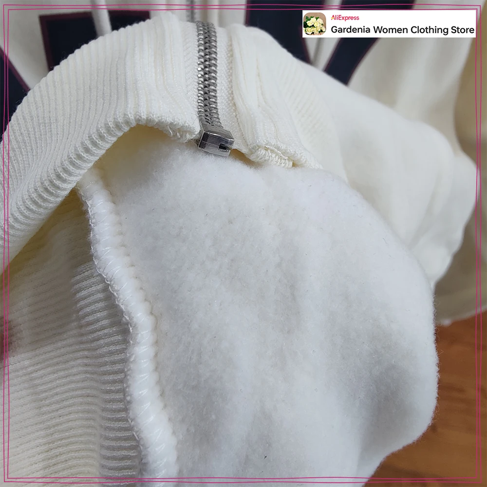 Women Adjustable Drawstring Hood Text Print Fall Outfit White Varsity New York Hoodie & Plush Trousers Aesthetic Baggy Pants Set