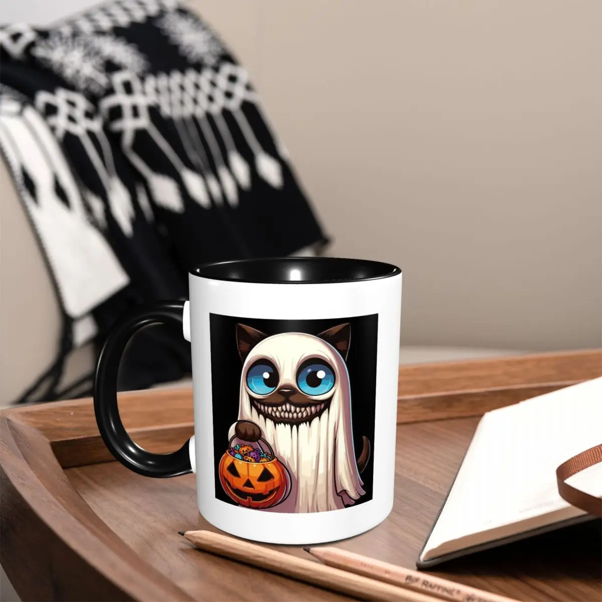 Siamese Cat Scary Halloween Ghost Spooky Pumpkin Candy Mug Ceramic Coffee Cups Tea Mugs Milk Cup Drinkware Gift for Friends