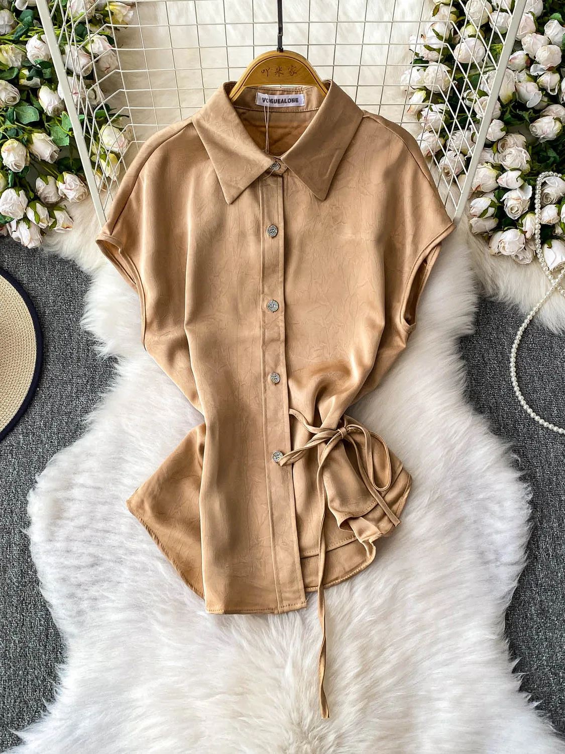 

Ele Satin ort Sve irt Floral Embroidery Turn-down Collar Slimming Top Knot Waist Design Korean Sle Commute Wind