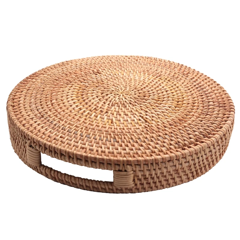 Round Rattan Woven Serving Tray With Handles Ottoman Tray For Breakfast, Drinks, Snack For Coffee Table, Home Decorative