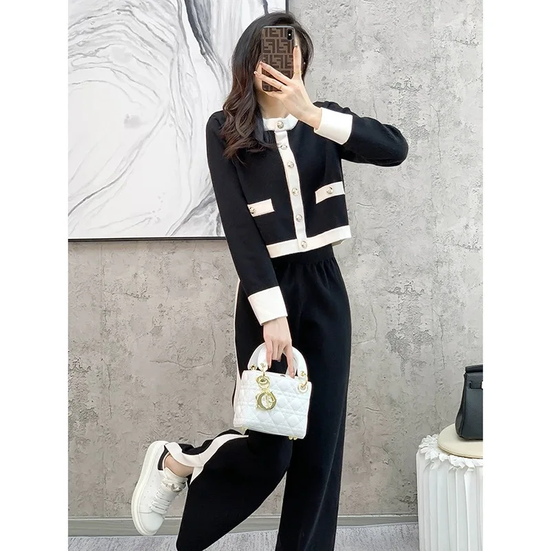 New Autumn Winter Knitted Pant Sets Women Contrast Color Long Sleeve Cardigan Sweater + Wide Leg Pants Two Piece Set Tracksuit