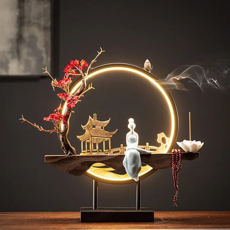 

Zen Buddha Waterfall Backflow Incense Burner Flower Incense Stick Rack Lady Flower Censer Ceramic Incense Holder with LED Light