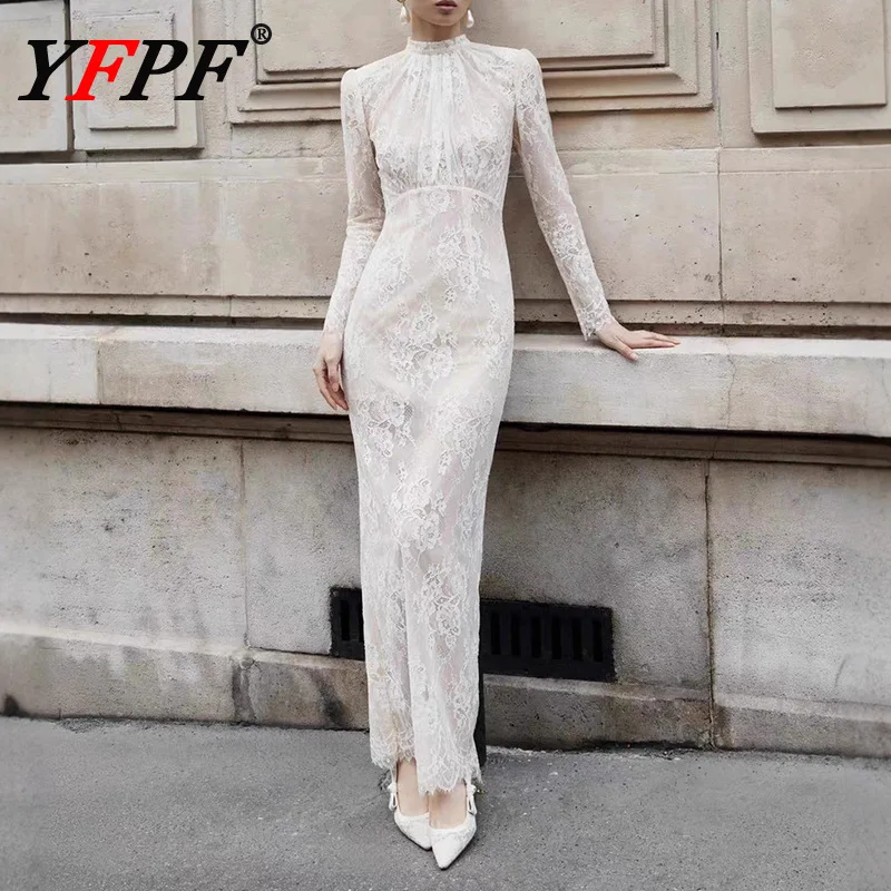 

YFPF Lace Perspective Design Long Dress Women Elegant Stand Collar High Waist Solid Color Party Evening Dresses 2026 New