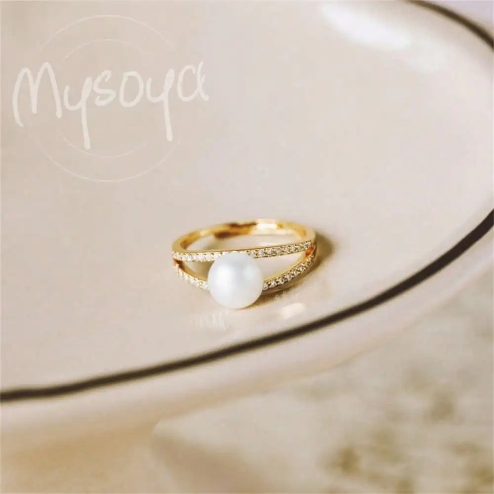 

MYSOYA Minimalist Freshwater Pearl Ring 8-9mm Pearls Gift Box Engagement Ring Wedding Ring For Birthday/Christmas/New Year