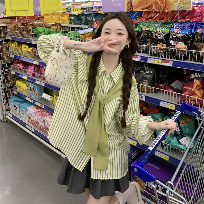 

Женская полосатая рубашка с длинными рукавами, осенняя блузка, шаль в японском стиле, две свободные темпераментные рубашки, повседневный женский топ