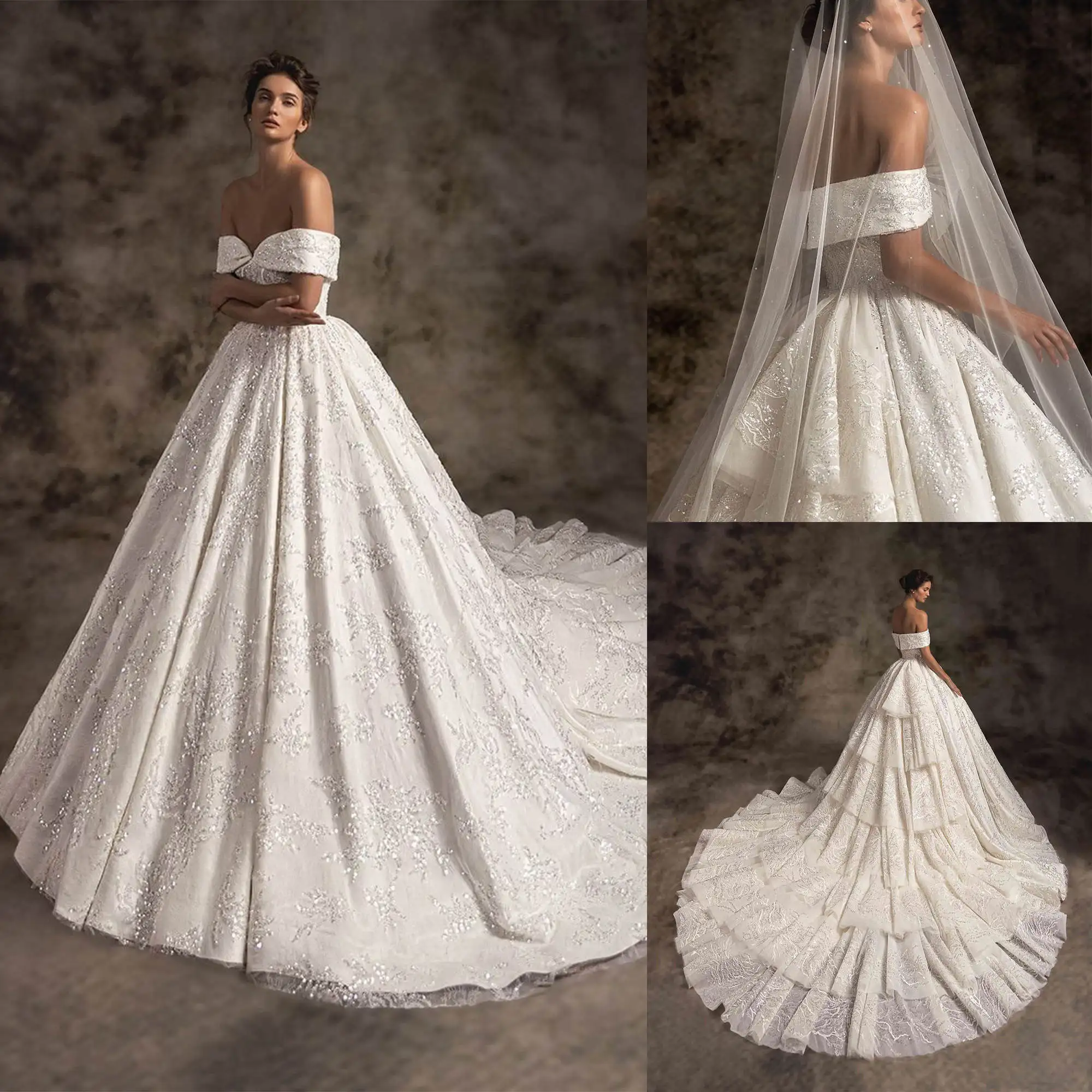 

Ball Gown Wedding Dresses Off Shoulder Sleeves Appliques Beading Sequins Bridal Gown Sweep Train Vestido De Noiva Customized