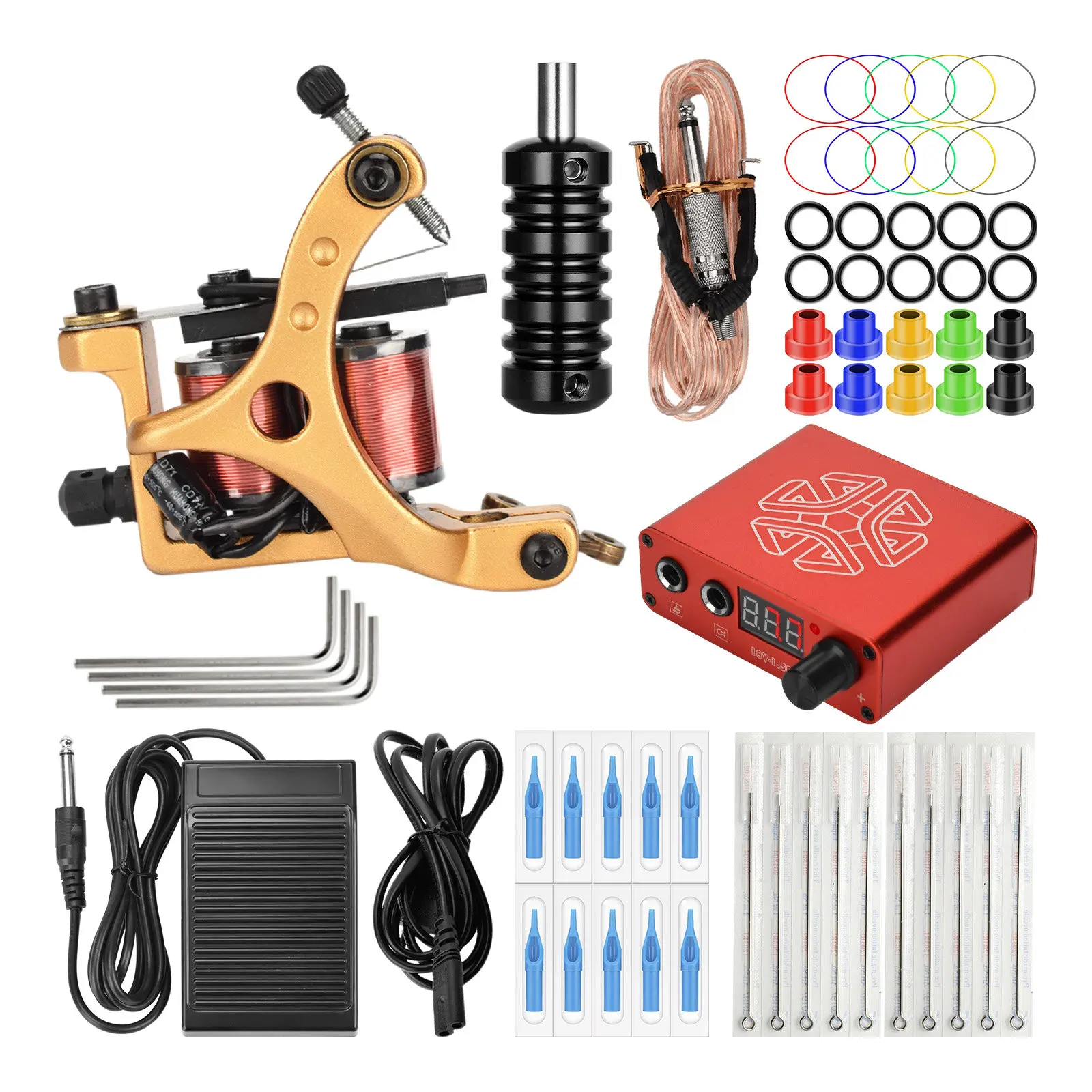 

JimKing New Tattoo Kit Coils Tattoo Machine Gun Set with Tattoo Power Supply Foot Switch Pedal Clip Cord for Tattoo Beginner