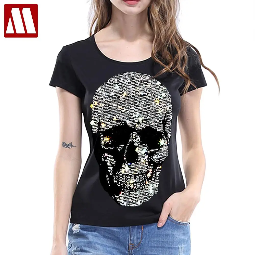 Beautiful Skulls T-shirt Women 2024 Summer Short Sleeve Tops Lady Fashion Streetwear Slim Cotton Tshirts Rhinestone Size S-5XL