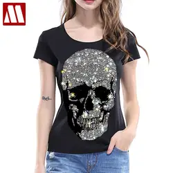 Beautiful Skulls T-shirt Women 2024 Summer Short Sleeve Tops Lady Fashion Streetwear Slim Cotton Tshirts Rhinestone Size S-5XL