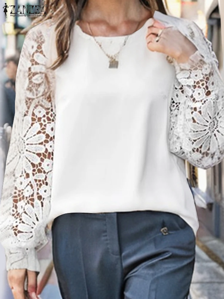 Elegant Women Long Sleeve Work Blouse Autumn Lace Crochet Shirt ZANZEA Bohemain Patchwork Holiday Blusas Spring Office OL Tops