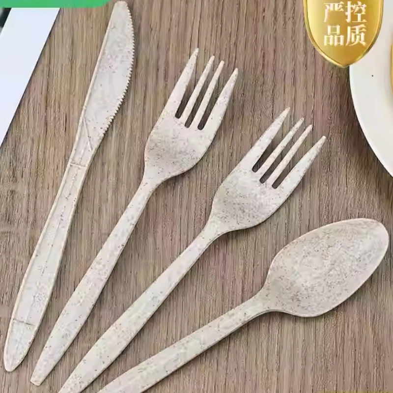 Degradable Disposable Wheat Straw Tableware Fork Spoon Knife With Independent Packaging 100pc/lot