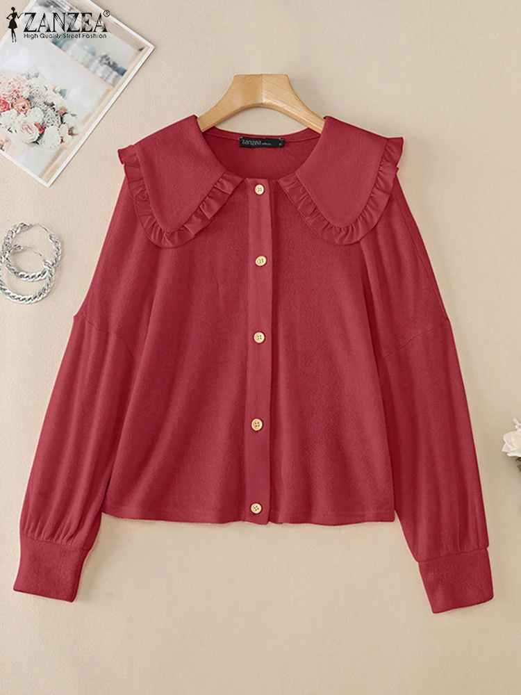 

ZANZEA Korean Fashion Women's Sweaters Peter-Pan Collar Elegant Ruffle Trim Button Up Cardigans Long Sleeve Sweety Knitted Tops