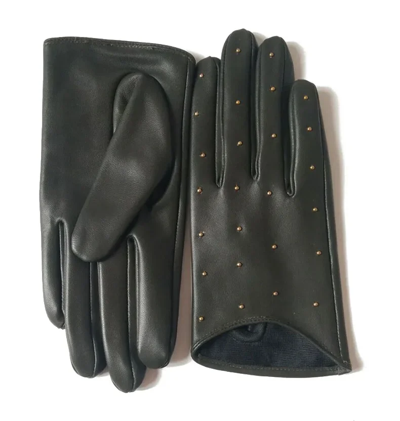 2025 Half Palm Glove Studs Pins Rivets Driving Fashion Genuine Real Goat Leather Gloves  Women Fashion Mittens Real Leather G594