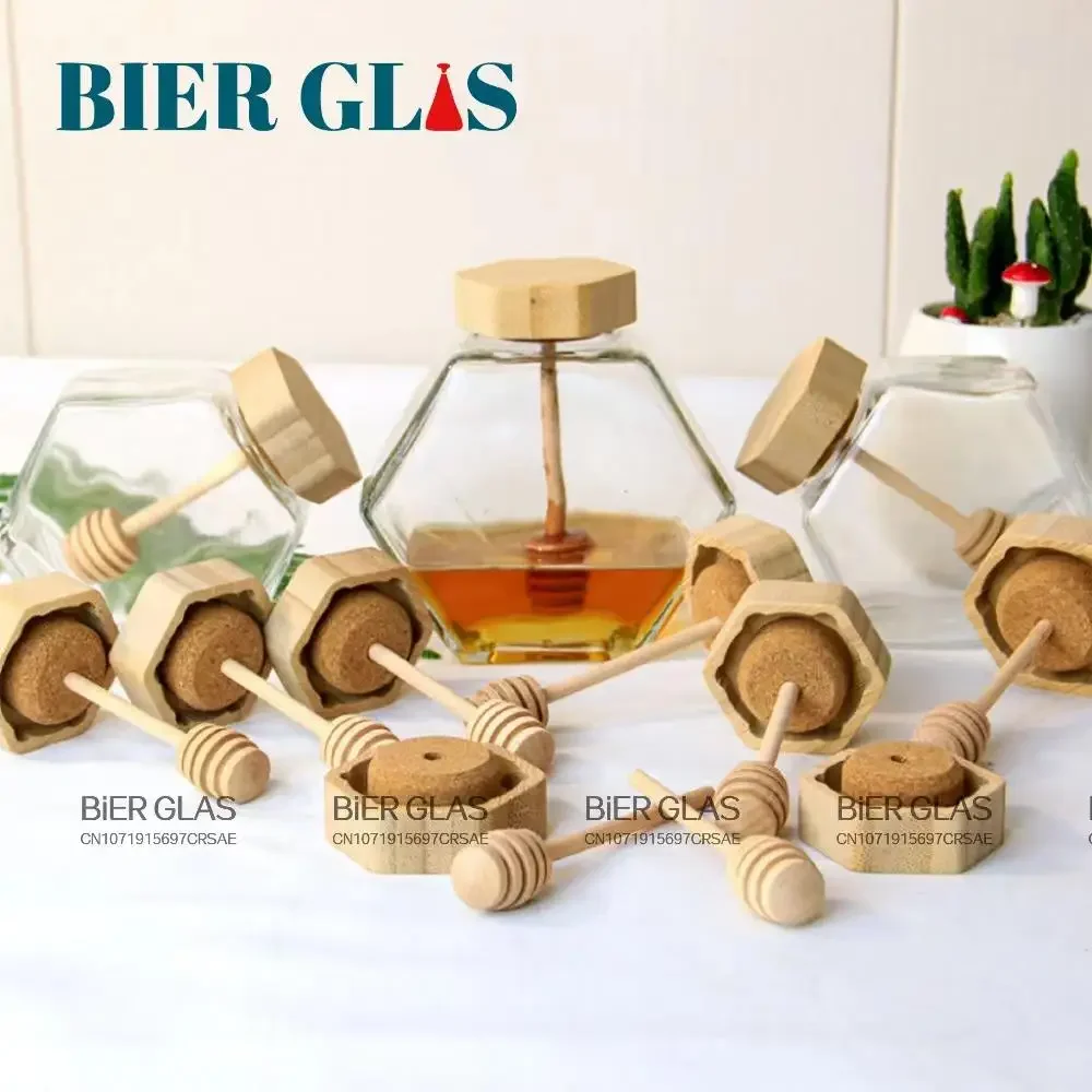 Hexagon Honey Jar 5 6pcs With Dipper Dispenser Glass Bottle Packaging Spoon Bamboo Lid Kitchen Storage Containers Containers Bot