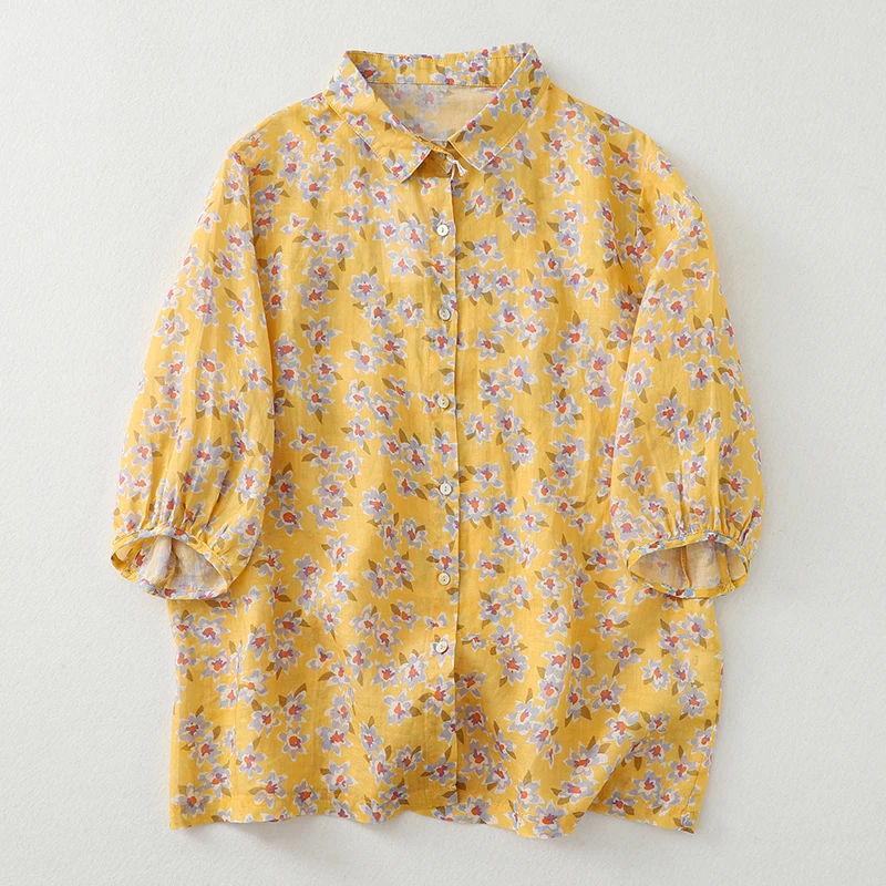 صيف جديد طباعة الأزهار رقيقة القطن البوليستر مزيج المرأة فضفاضة كبيرة الحجم طوق ortsve irt تخفيف Sle Regu... #4