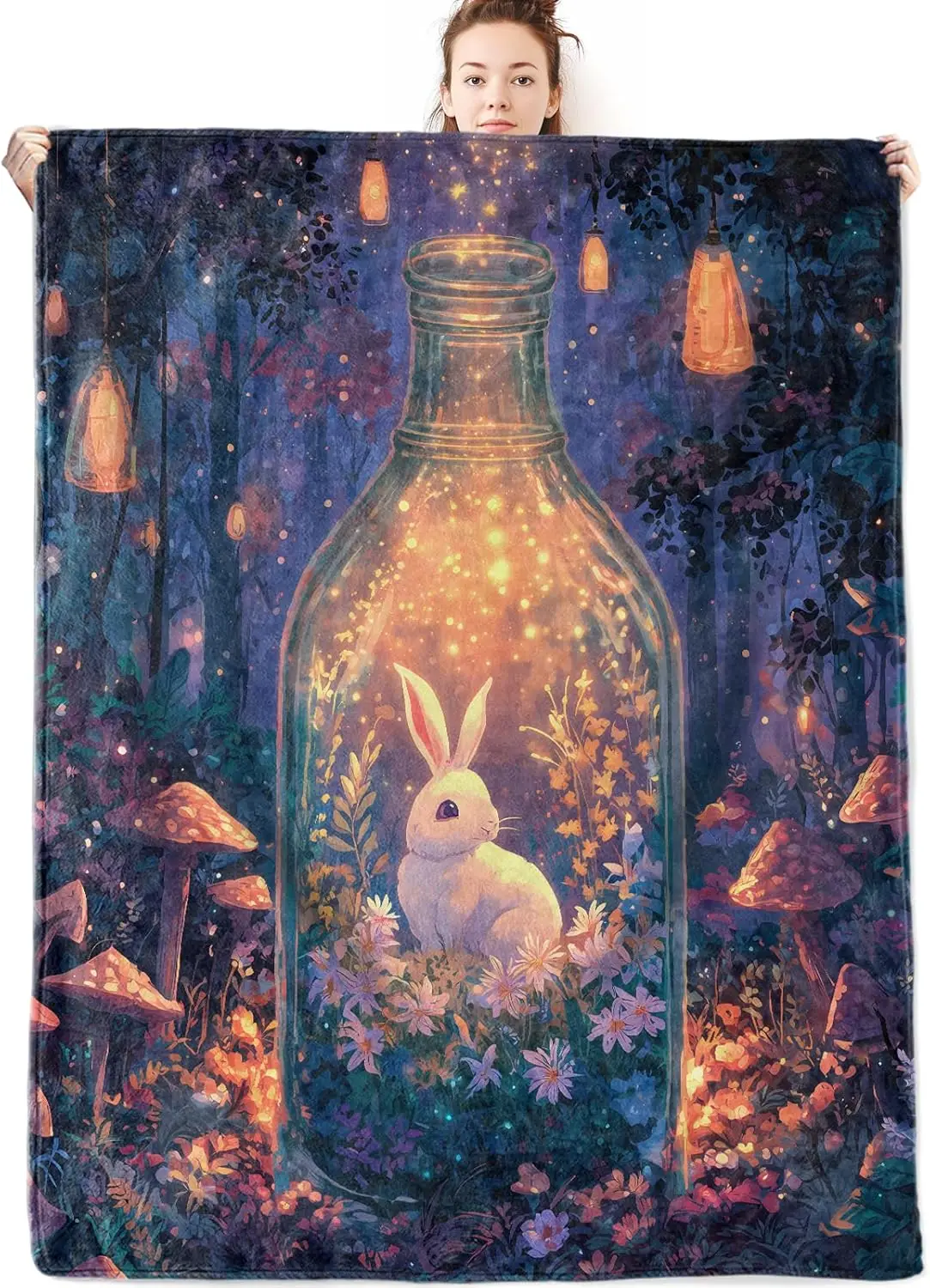 Enchanted Forest Rabbit Bottle Throw Blanket Plush Cozy Rug Home Decor Cottagecore Whimsical Spring Autumn Seasonal Bedroom Deco
