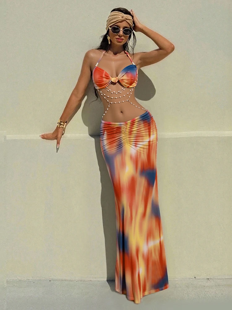 kliou Pearl Splice Stunning Dresses Women Sexy Tie Dye Tassel Bandage Hollow Shirring Maxi Bodycon Lady Vacation Party Vestidos