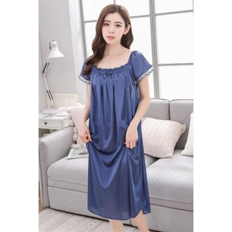 Summer  Womens Solid Color Sleepshirt Home Clothing Lace Ice Silk Long Nightdress Short Sleeve Loose sleepswear