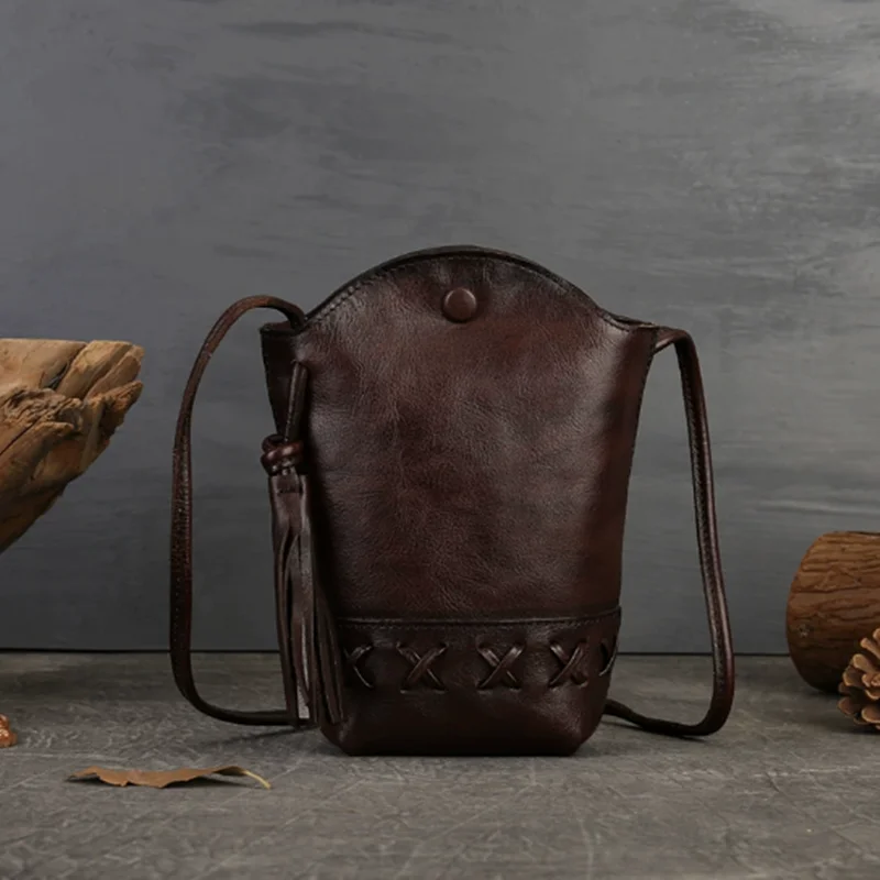 

New Small Cowhide Women Shoulder Bag Casual Tassel Bucket Handbag Mini Genuine Leather Mobile Phone Crossbody Bag Purse