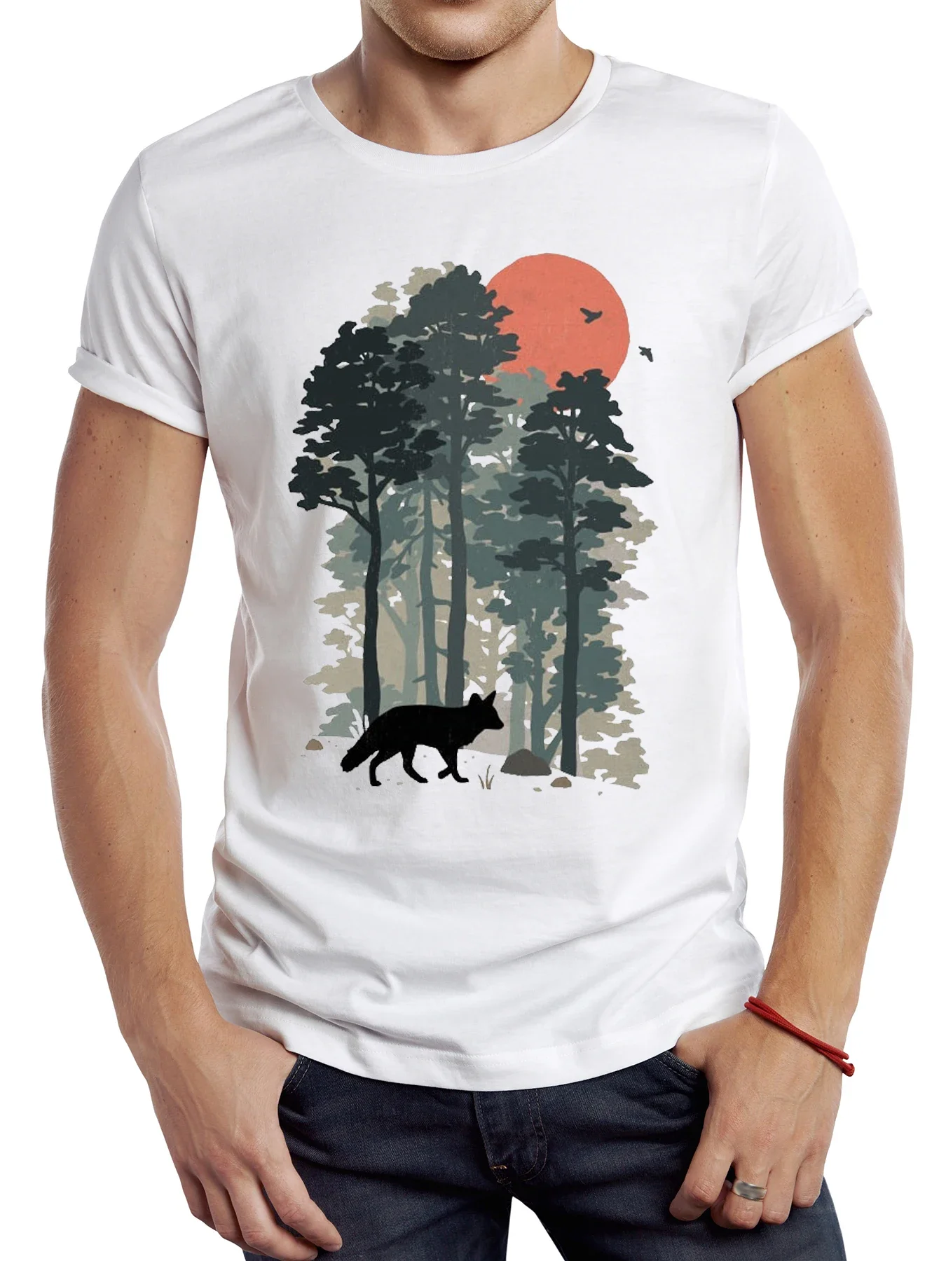 TEEHUB Vintage Geometric Forest Fox Men T Shirt Casual  Forest Male Tops Hipster RetroAbstract Landscape Printed Tee