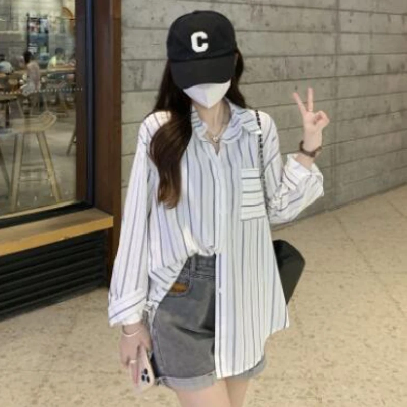 Shirts Women Simple Striped Leisure Autumn All-match Sun-proof Tender Loose Design Turn-down Collar Fashion Korean Style Elegant