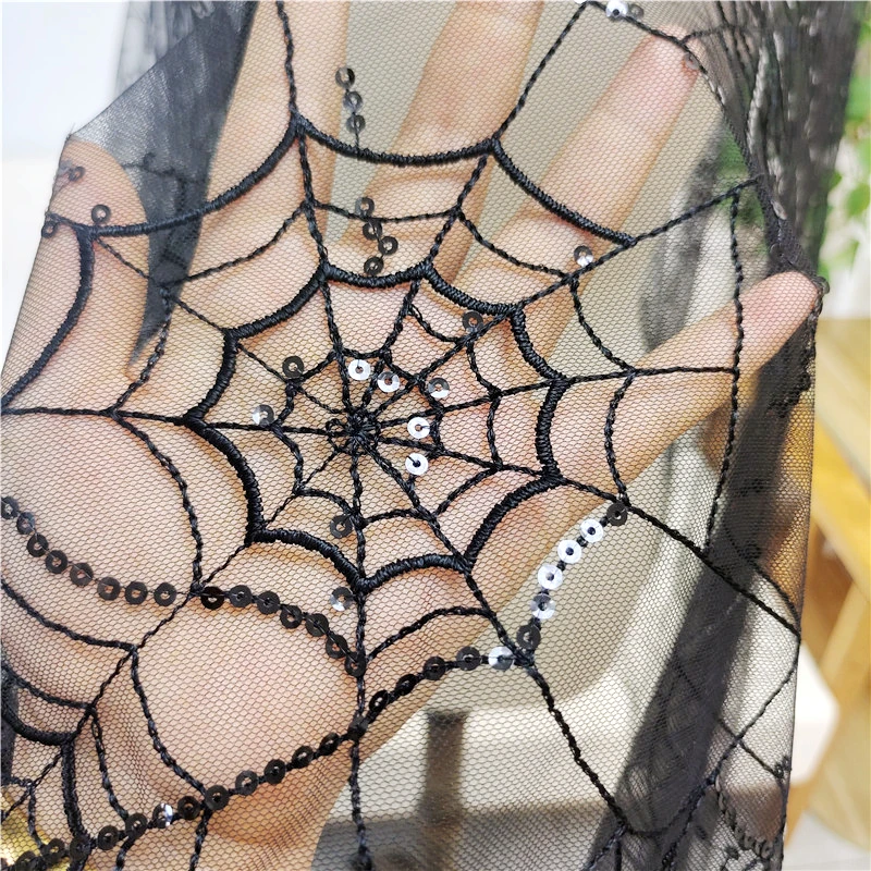 Black and Off-White  Spider Web Sequins Lace Fabric  Wedding Dress Children's Wear Stage Clothing DIY Cloth RS4026