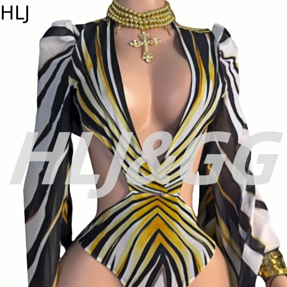 HLJ Sexy Stripe Print Women Swimwear Bodysuits Fashion Swim Suit Bathing Suit Beachwear Long Sleeve One Piece Swimsuit Beachwear