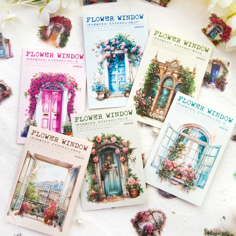

50pcs/1lot kawaii Stationery Sticker Romantic Flower Window junk journal Decorative Scrapbooking DIY Craft Sticker