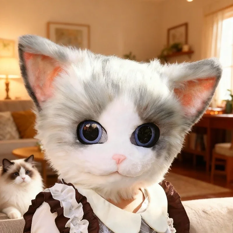 Furry Cat Mask Handmade Kigurumi Cosplay Anime Persian Cat Fursuit Head Furry Head Mask Kig Halloween Performance Prop Gift