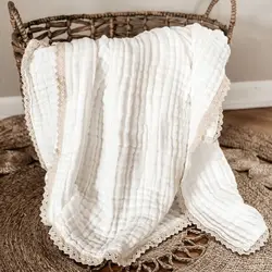 Hot Sale 6 Layers Wrinkle Cotton Swaddle Blanket For Newborn Baby Breathable Bath Robe Lace Edge Kid Air Condition Cover Blanket