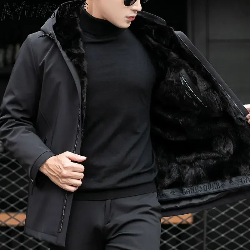 

AYUNSUE Hooded Warm Fur Parkas Men Clothing Mink Fur Liner Jackets Mens Fur Jacket Coat Black Parka Chamarras Para Hombre SGG756