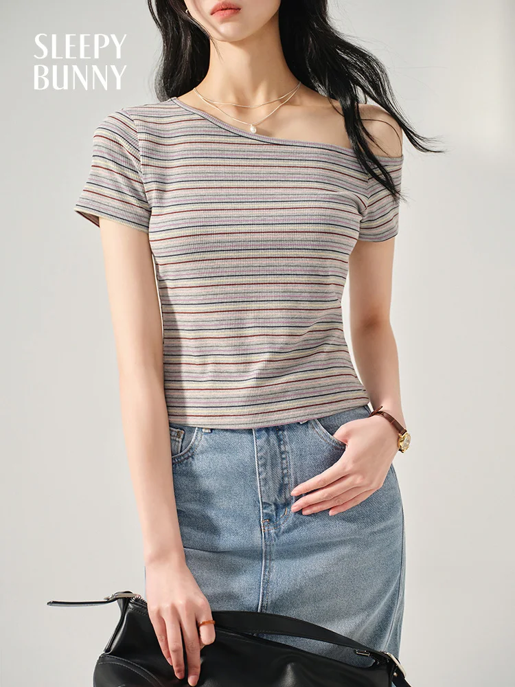 Striped One Shoulder Slim Fit T-Shirt Women Summer Short Sleeve Off Shoulder Crop Top Stretchy Sexy Tee Casual Daily Streetwear