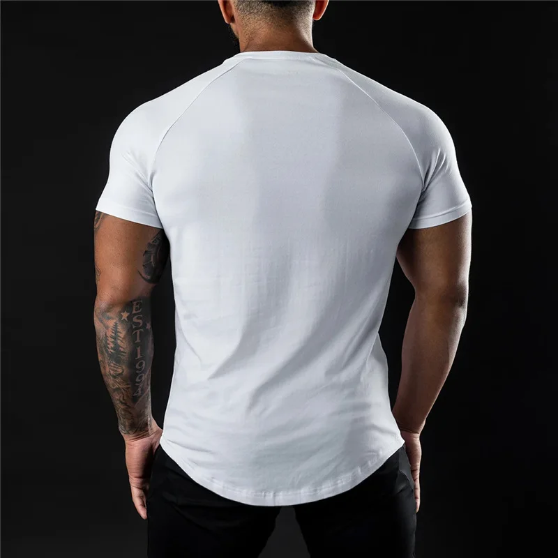 T-shirt à manches courtes et col rond en coton pour homme, vêtement de fitness, gym, musculation, entraînement, été