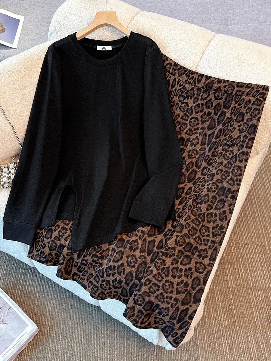 

150Kg Plus Size Women's Bust 153 Spring Autumn Irregular Long Sleeve T-Shirt Leopard Skirt Two-Piece Set 5XL 6XL 7XL 8XL 9XL
