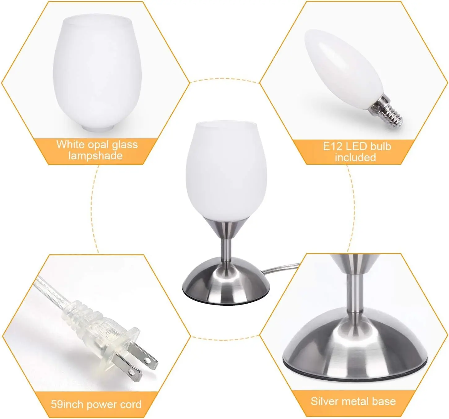 โคมไฟสัมผัสแบบหรี่แสงได้ขนาดเล็กพร้อมแก้วโอปอล ฐานสีเงิน หลอดไฟ E12 - โคมไฟตั้งโต๊ะขนาดกะทัดรัดสำหรับห้องนอนและห้องนั่งเล่น