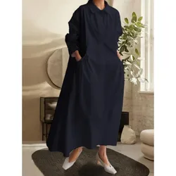 Summer Women's Long Sleeved Lapel Retro Long Dress Pocket Solid Color Button Loose Classic Casual Dress  plus size