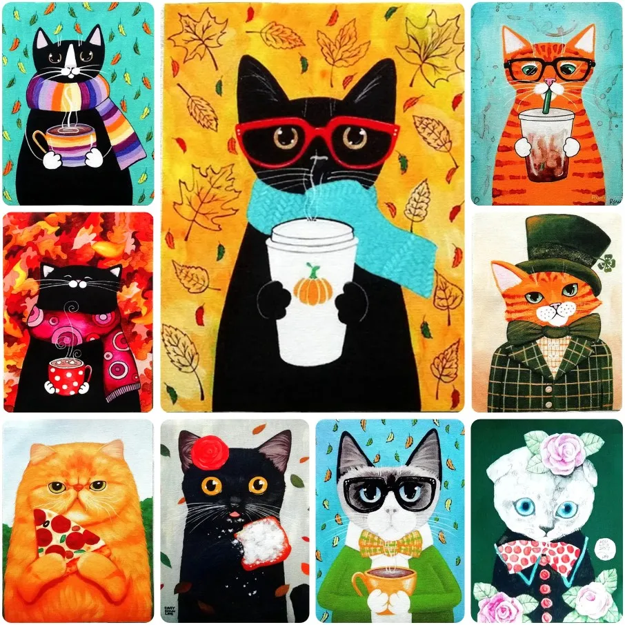 かわいい秋のコーヒー猫イラストジグソーパズル、メガネとスカーフを着た漫画の子猫、花、食べ物、ペット、壁飾りギフト