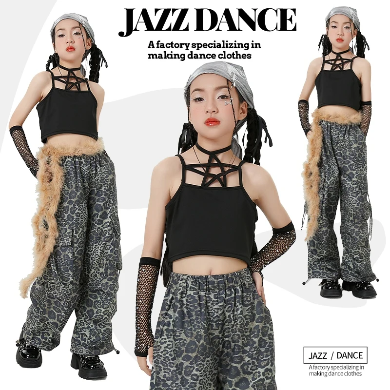 

2025 Children Hip Hop Dance Costumes For Girls Black Vest Leopard Cargo Pants Outfits Modern Jazz Performance Clothes DQS19310