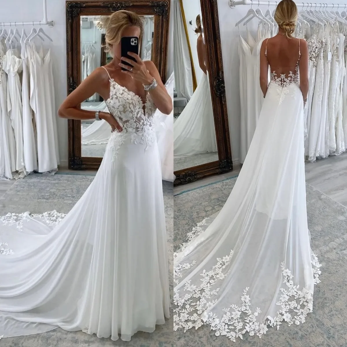 

Boho Lace A Line Wedding Dresses For Women Spaghetti Straps Sexy Backless Button Appliques Sweep Train Designer Bridal Gowns