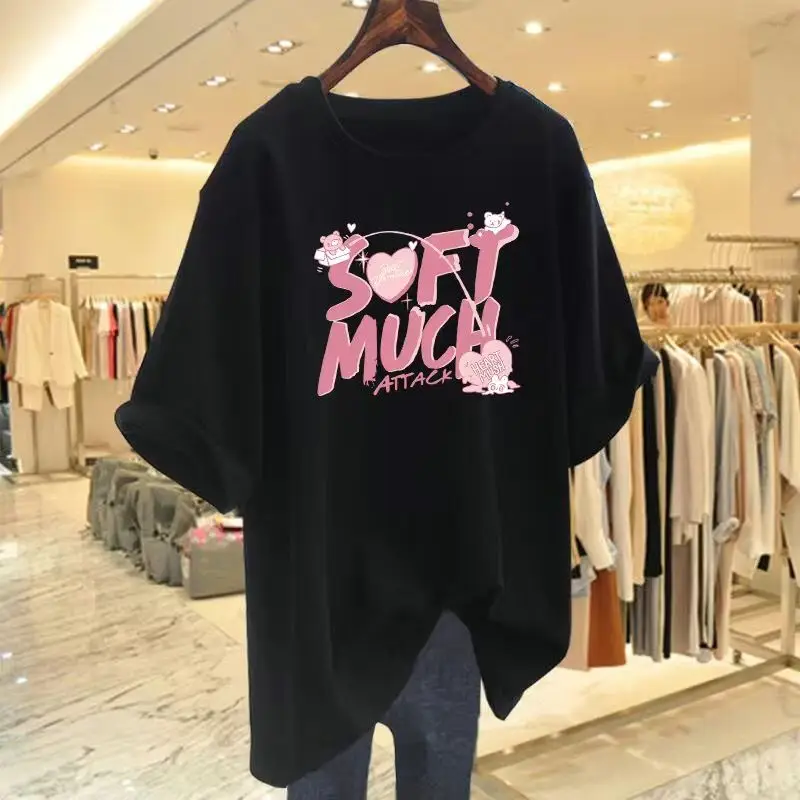 

Summer Short Sleeve Pure Cotton Cartoon Chic Letter Printed Tops Lady O-neck Loose Pullover Women M-6XL Simple Basics T-shirt
